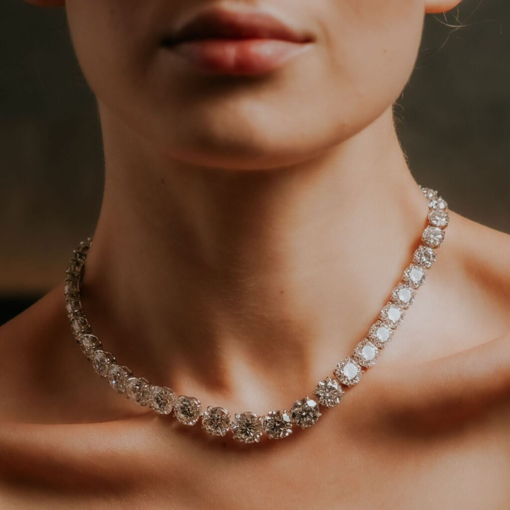 Close-up of a diamond necklace on a person's neck with a blurred background eviiq
