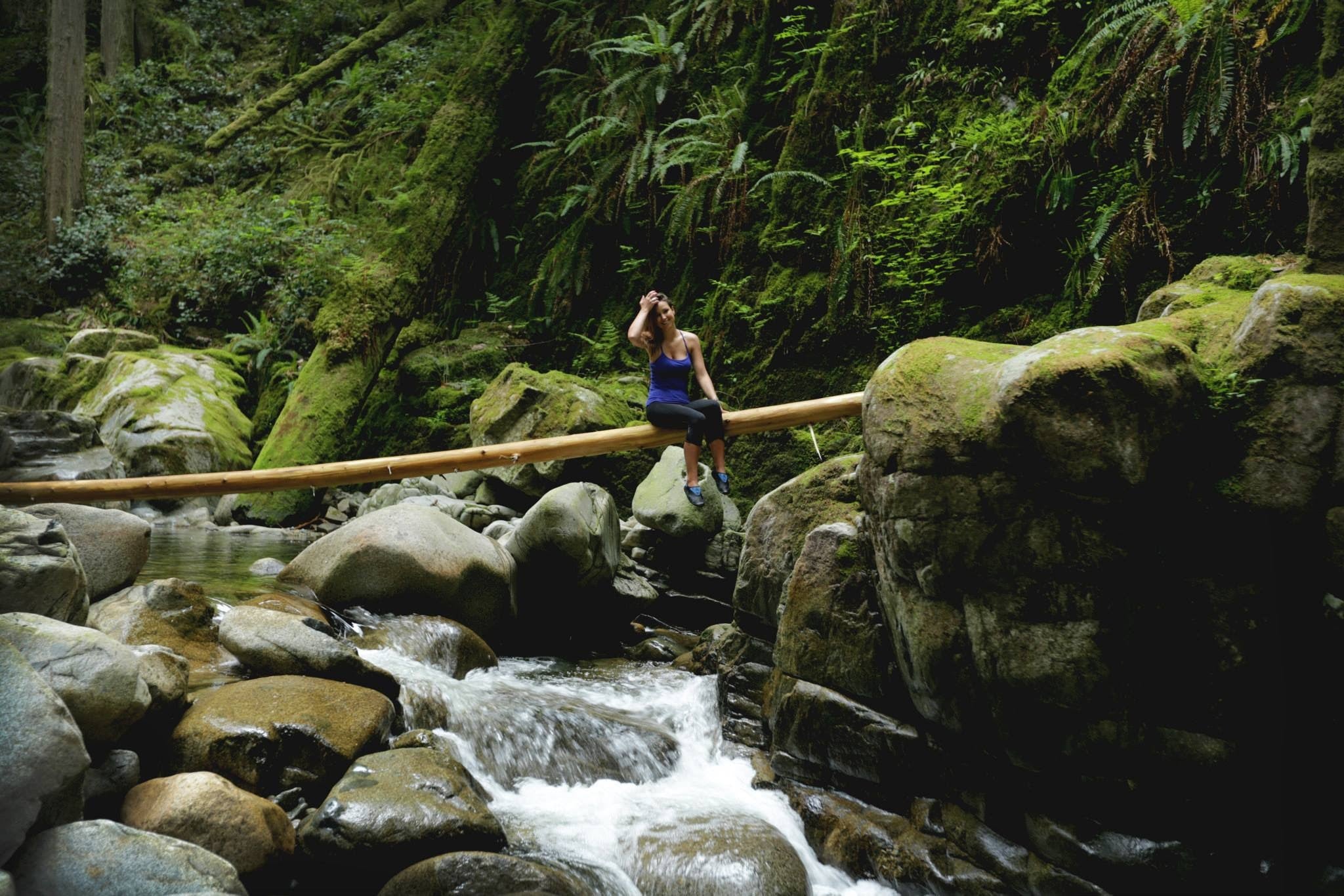 Person standing on a log over a stream in a lush green forest