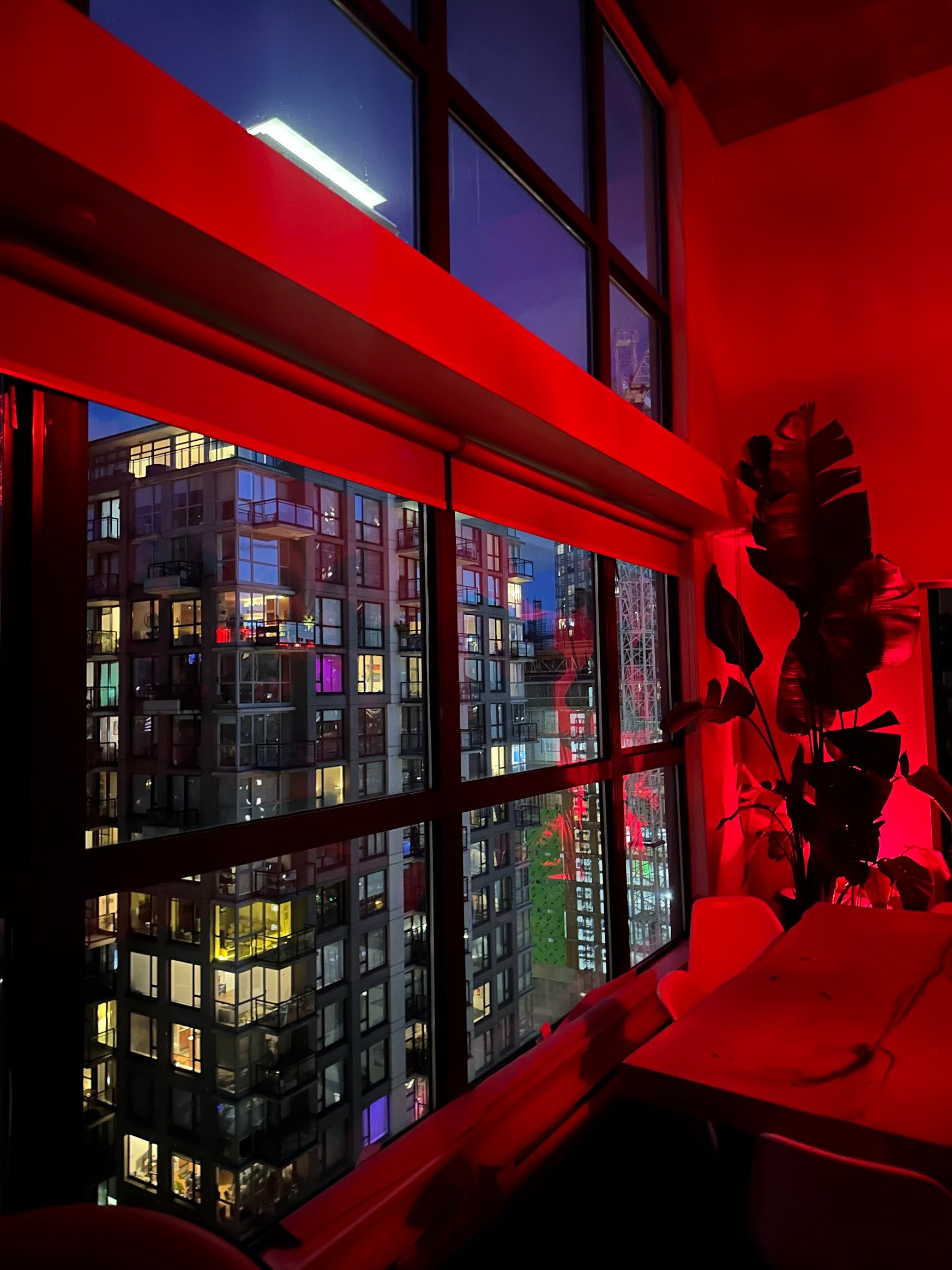 Window view of cityscape at night with red interior lighting
