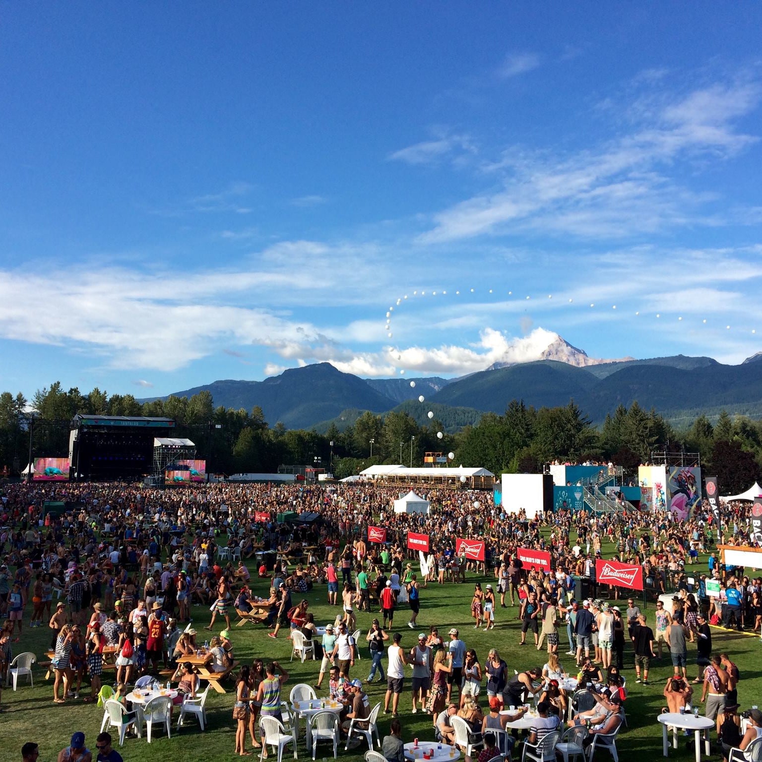 Large outdoor music festival with attendees, stages, and mountains in the background.