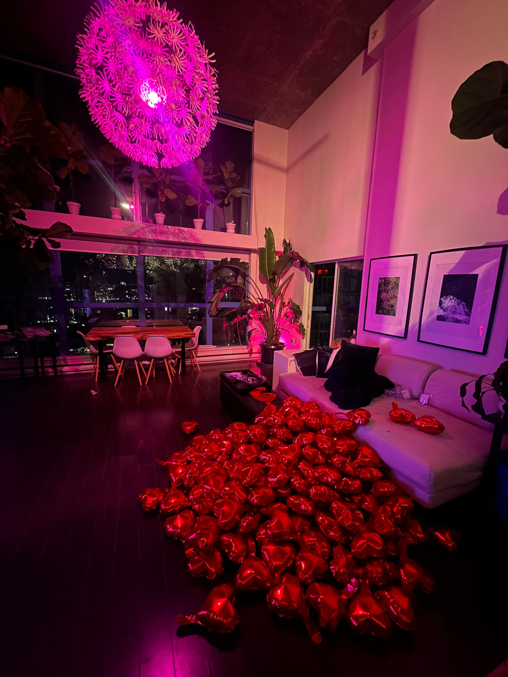 Decorative setup with red roses, framed photos, and a pink spherical light fixture.