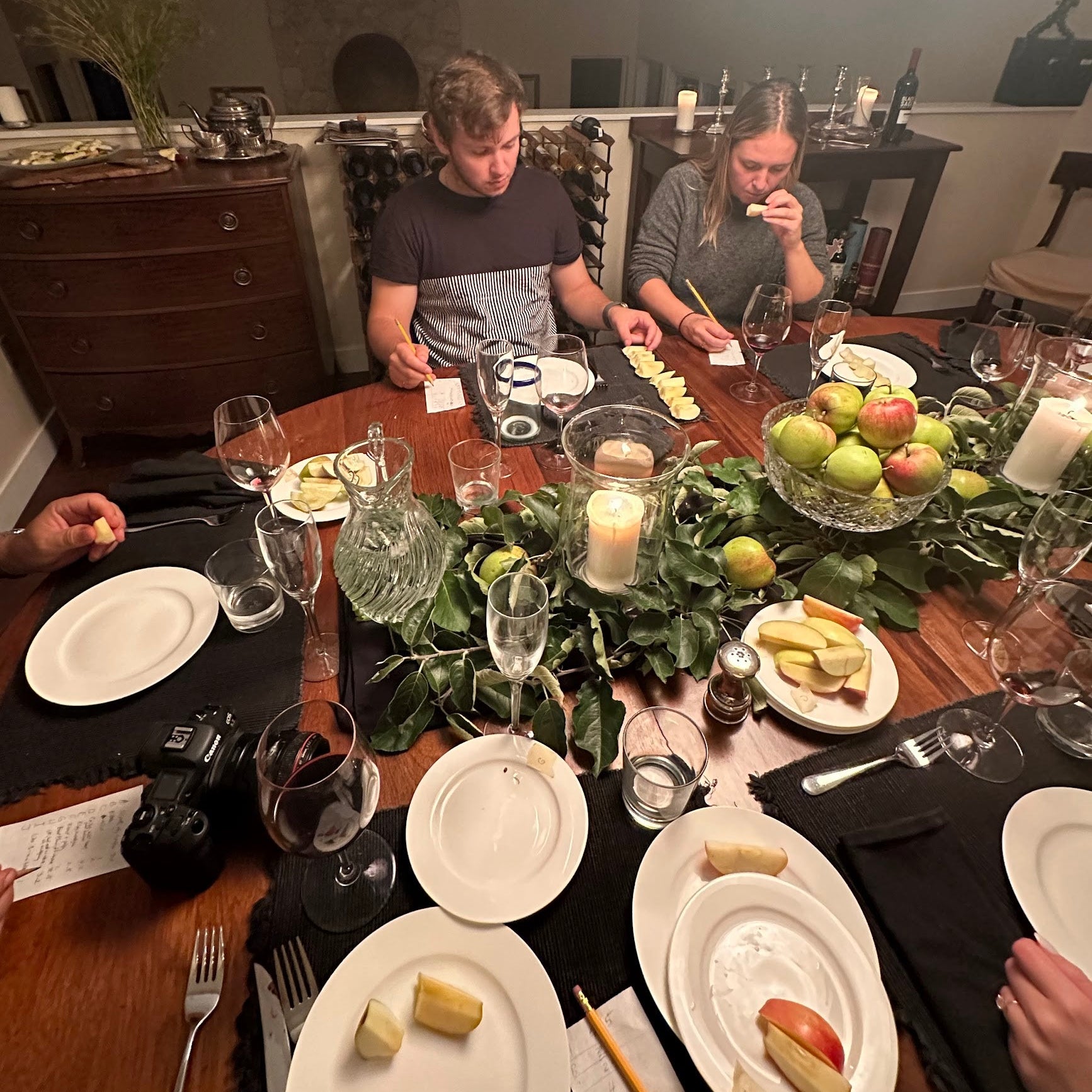 People sitting around a dinner table with a set place for each person, including plates, glasses, and food.