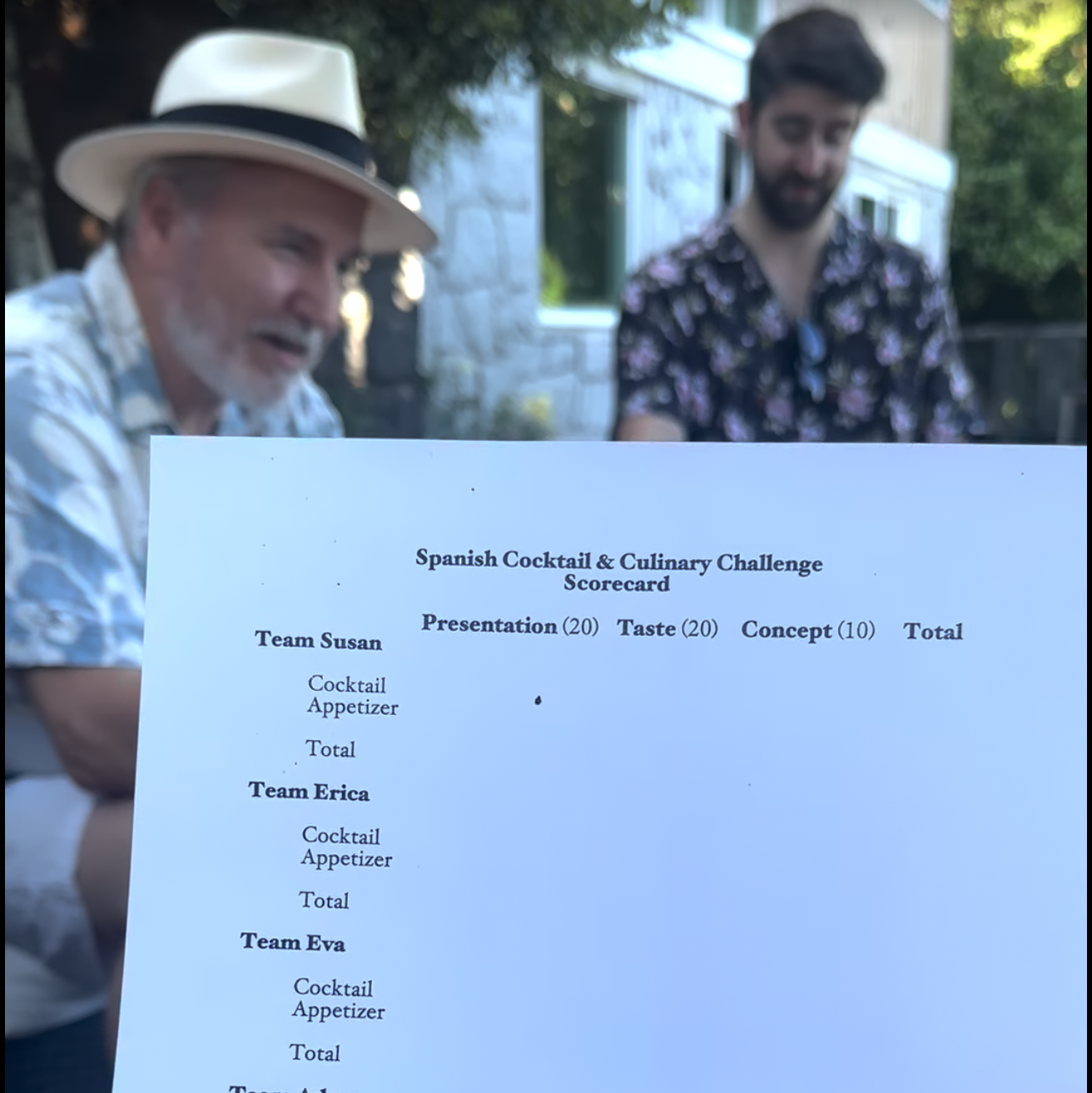 Scorecard for a Spanish Cocktail & Culinary Challenge with two people in the background.