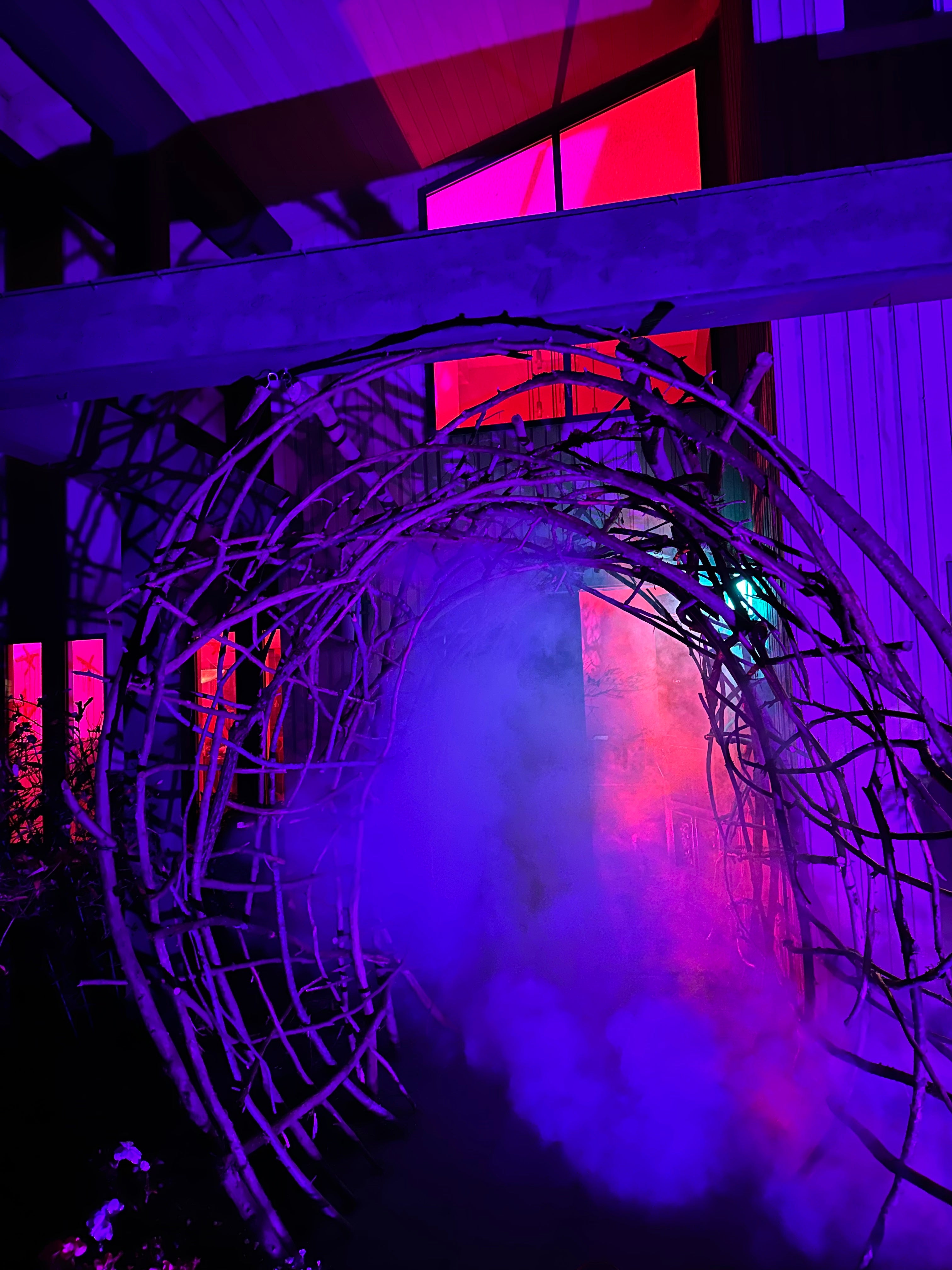 Woven archway with purple and pink lighting effects